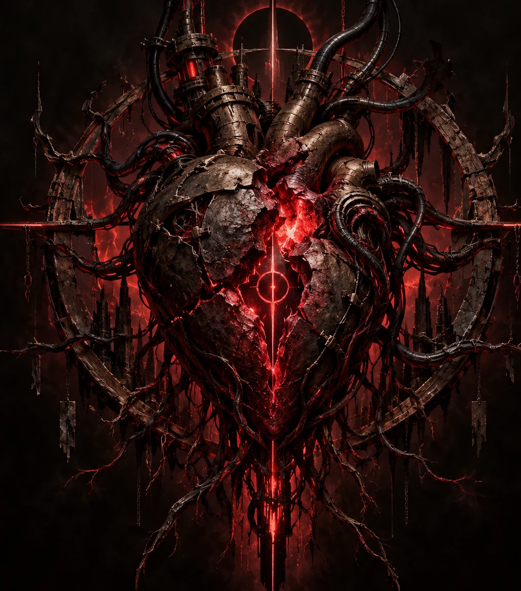 Dark mechanical heart glowing red