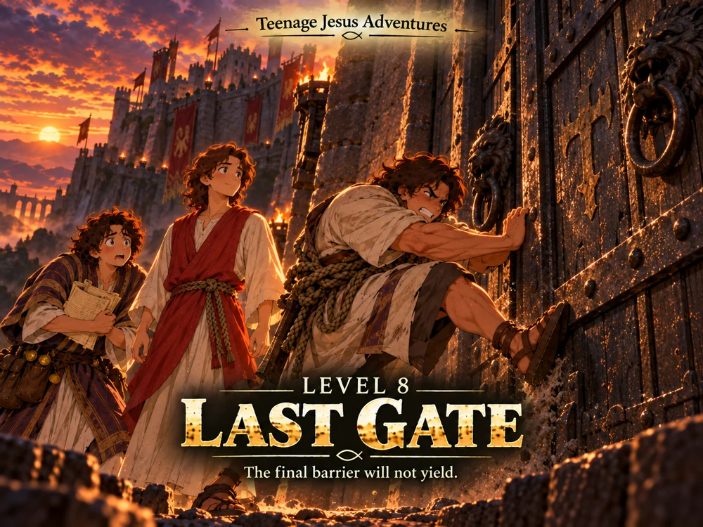 Last Gate chapter illustration: companions working together beneath a stone gateway at sunset